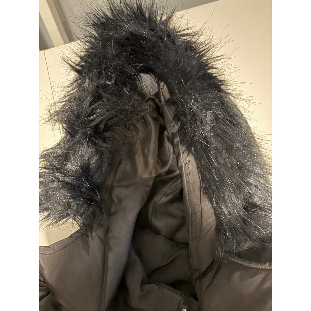 Black Faux Fur Trim Hooded Puffer Jacket Quilted Winter Coat Zip Up Women Small - Picture 15 of 16